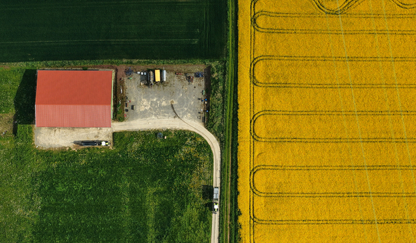 Aerial view of a farm building with a red roof next to a vibrant yellow rapeseed field and green agricultural land in Hofgeismar Hessen Germany. Aerial view of a farm building with a red roof next to a vibrant yellow rapeseed field and green agricultural land in Hofgeismar Hessen Germany.