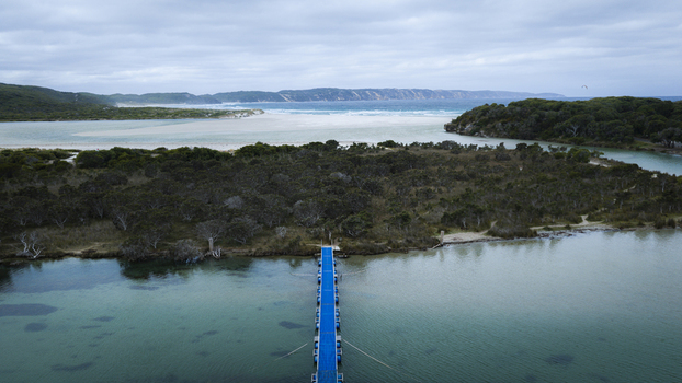 Aerial view of a blue floating jetty extending into turquoise water surrounded by dense coastal vegetation and a sandy beach in Perth Western Australia Australia.