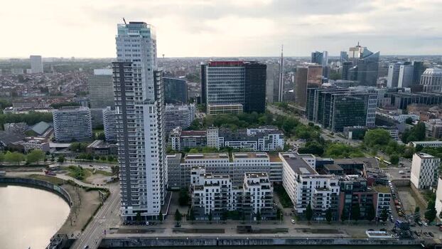 Aerial view of modern skyscrapers and the canal in Brussels Belgium.