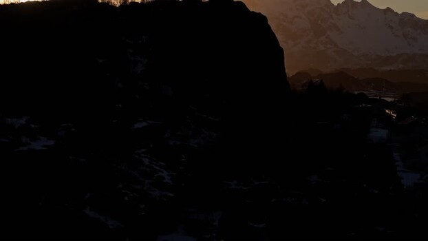 Aerial view of Lofoten mountains at sunset Norway.