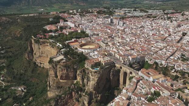 Aerial view of Puente Nuevo bridge and the bullring in Ronda Spain.