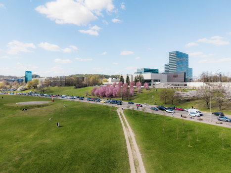 Aerial view of Chiune Sugihara Sakura Park with blooming cherry blossoms lush green grass and modern office buildings in the background in Vilnius Vilniaus apskritis Lithuania. Aerial view of Chiune Sugihara Sakura Park with blooming cherry blossoms lush green grass and modern office buildings in the background in Vilnius Vilniaus apskritis Lithuania.