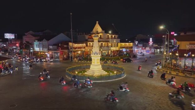 Aerial view of Tugu Yogyakarta Monument at night Indonesia. Aerial view of Tugu Yogyakarta Monument at night Indonesia.