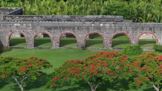 Aerial view of historic stone aqueduct in Quatre Cocos Mauritius.
