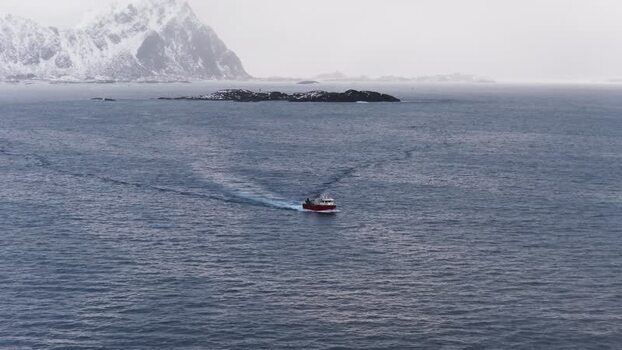 Aerial view of boat near Henningsv&aelig;r Norway.