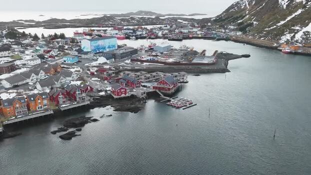 Aerial view of Ballstad harbor Norway.