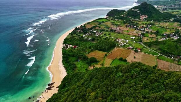 Aerial view of Bali coastline and lush green hills Indonesia.