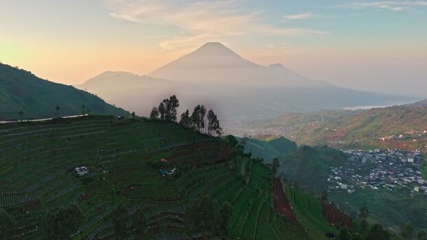 Aerial view of Dieng Plateau and Mount Sindoro Indonesia.
