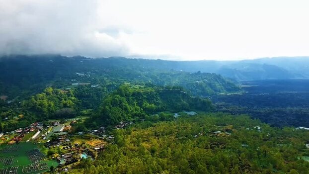 Aerial view of South Batur volcanic landscape Indonesia.