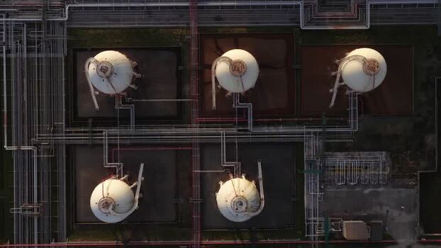 Aerial view of crude oil storage tanks and pipelines Portugal.