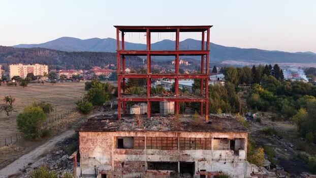Aerial view of abandoned industrial building in Velingrad Bulgaria.