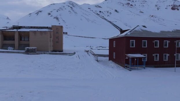 Aerial view of Pyramiden in the snow Svalbard and Jan Mayen.