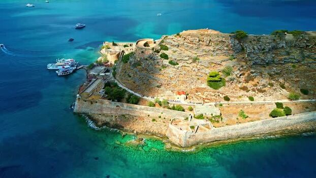 Aerial view of Spinalonga fortress in Crete Greece.