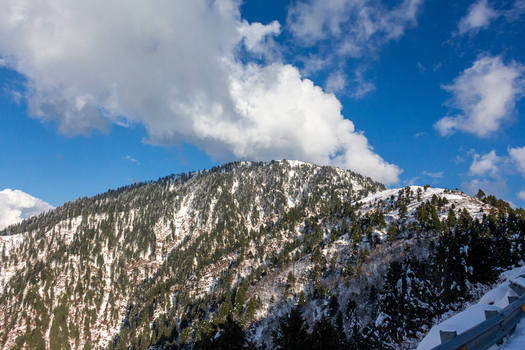 View of snow dusted evergreens clinging to the mountainside under a vibrant blue sky dotted with fluffy white clouds Pir Chanasi Azad Kashmir Pakistan.