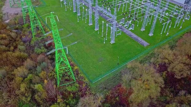 Aerial view of electrical substation in Latvia.