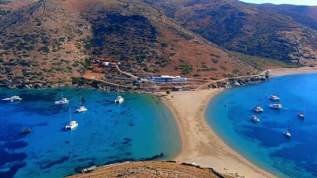 Aerial view of Kolymbithra beach and boats in Tinos Greece. Aerial view of Kolymbithra beach and boats in Tinos Greece.