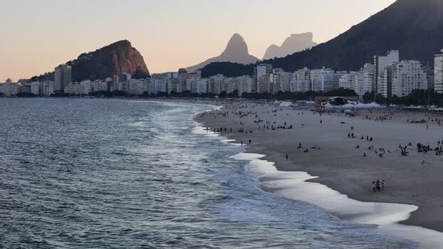 Aerial view of Copacabana Beach and city skyline Brazil.