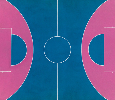 Aerial view of a colorful basketball court with blue and pink surfaces and white court markings in London England United Kingdom.