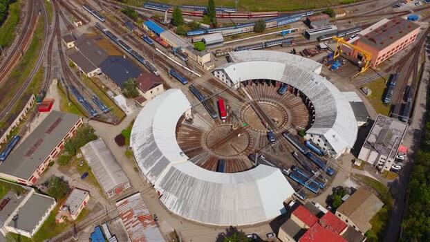 Aerial view of railway roundhouse and turntable Czechia. Aerial view of railway roundhouse and turntable Czechia.