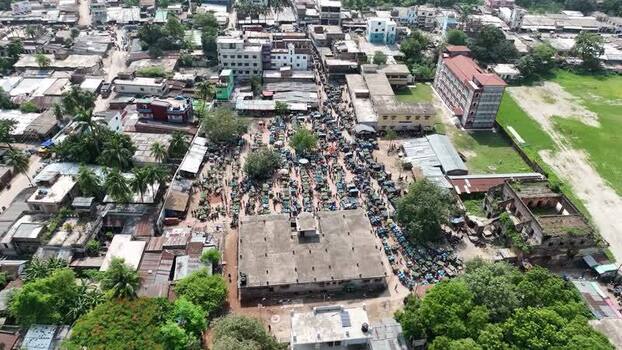 Aerial view of a bustling market in Chapai Nawabganj Bangladesh.