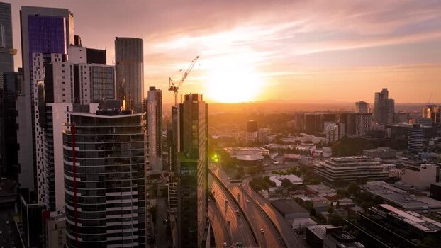 Aerial view of Melbourne skyline at sunset Australia.