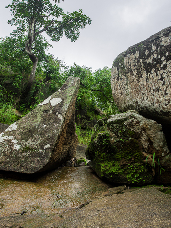 View of large granite boulders covered in moss and lush green vegetation in a rocky landscape in Jos Plateau Nigeria. View of large granite boulders covered in moss and lush green vegetation in a rocky landscape in Jos Plateau Nigeria.