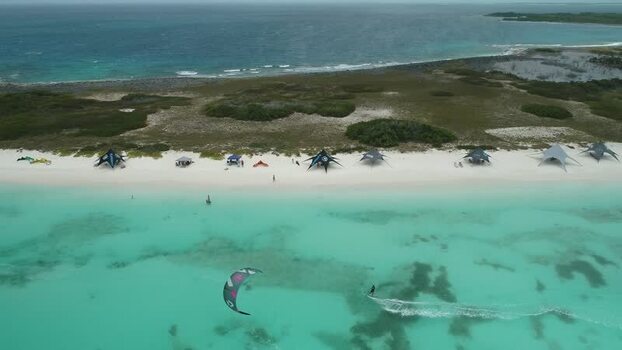 Aerial view of Los Roques archipelago kiteboarding Venezuela.