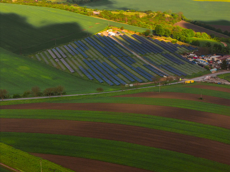 Aerial view of FVE Bohumilice solar power plant surrounded by rolling agricultural fields and lush greenery in Klobouky u Brna Jihomoravsky kraj Czechia. Aerial view of FVE Bohumilice solar power plant surrounded by rolling agricultural fields and lush greenery in Klobouky u Brna Jihomoravsky kraj Czechia.