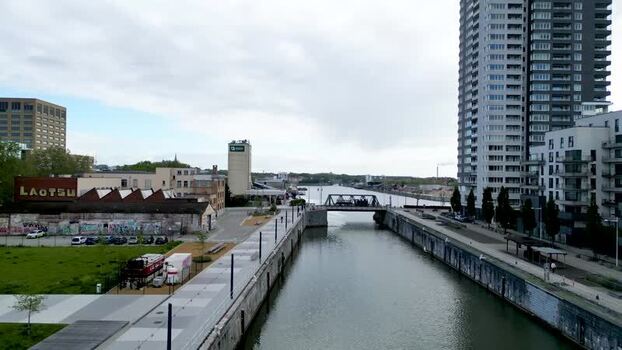 Aerial view of the canal and modern urban architecture Belgium.