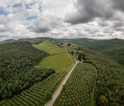 Aerial view of the rolling hills of Passignano featuring lush vineyards and olive groves under a cloudy sky in Passignano Toscana Italy. Aerial view of the rolling hills of Passignano featuring lush vineyards and olive groves under a cloudy sky in Passignano Toscana Italy.
