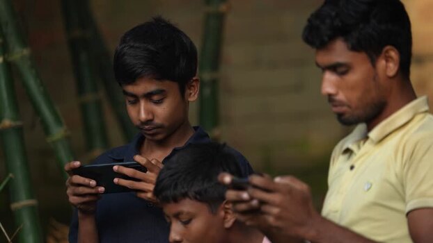 View of young men using smartphones in Bogura Bangladesh. View of young men using smartphones in Bogura Bangladesh.