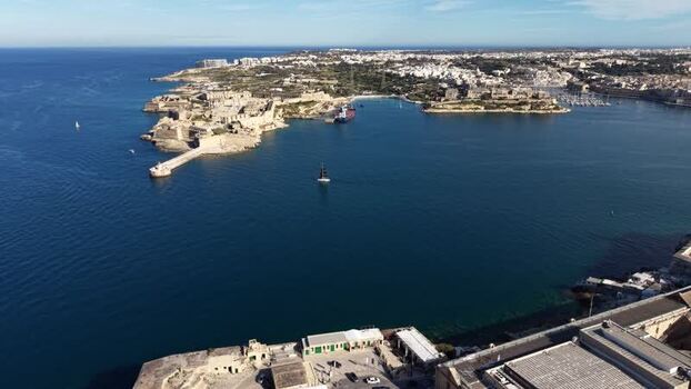 Aerial view of Fort Rinella and the coastline in Malta.