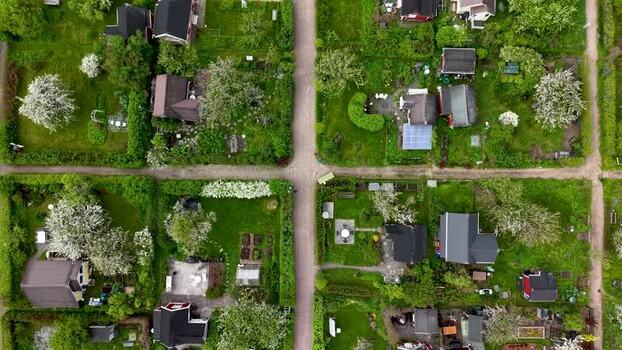 Aerial view of allotment gardens in Helsinki Finland.