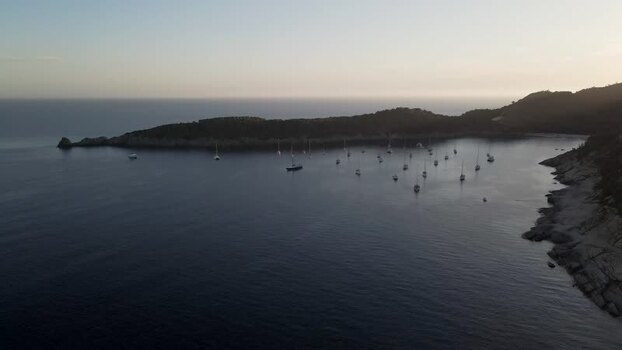 Aerial View of Lacona bay at sunset Elba Island Tuscany Italy.