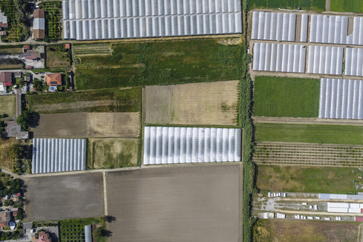 Aerial view of agricultural fields and greenhouses with geometric patterns of cultivated land and rural buildings in Paestum Campania Italy.