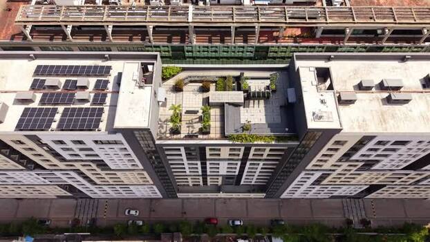 Aerial view of modern high rise apartment complex India.