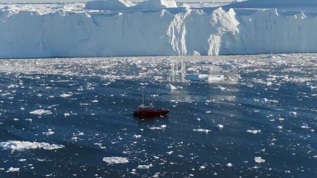 Aerial view of boat near Ilulissat glacier Greenland.