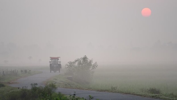 View of a vehicle on a foggy road at sunrise in Bogura Bangladesh.