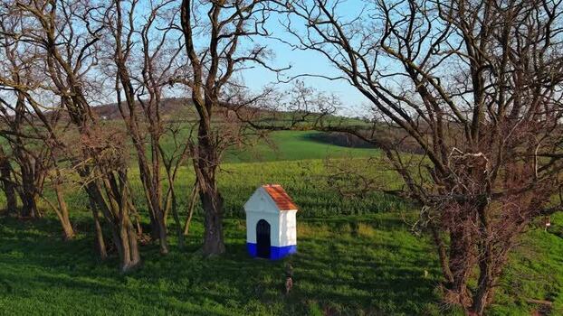 Aerial view of small chapel in South Moravian Region Czechia.