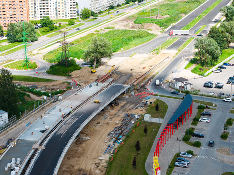 Riga Latvia 04 July 2026 Aerial view of the Janis Cakste Avenue construction project part of the Southern Bridge development showing ongoing road works and urban infrastructure. Riga Latvia 04 July 2026 Aerial view of the Janis Cakste Avenue construction project part of the Southern Bridge development showing ongoing road works and urban infrastructure.