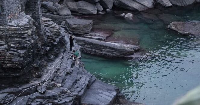 View of a rocky path and clear water Italy.