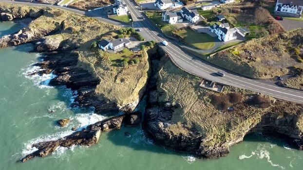 Aerial view of coastal road in Portnablagh Ireland.