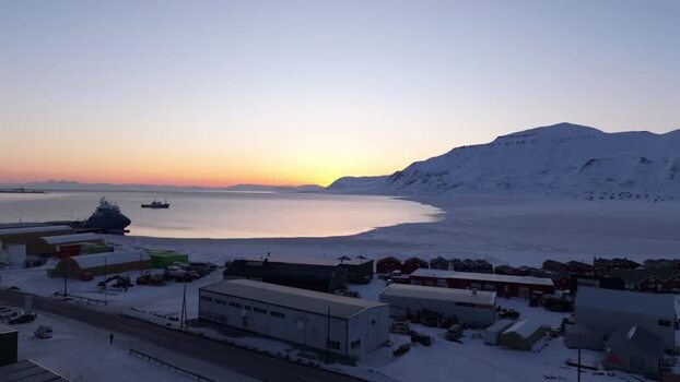 Aerial view of Longyearbyen harbor at sunset Svalbard and Jan Mayen. Aerial view of Longyearbyen harbor at sunset Svalbard and Jan Mayen.
