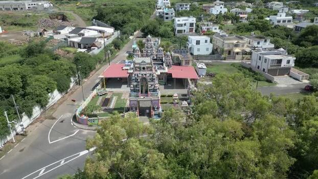Aerial view of Hindu temple in Cap Malheureux Mauritius.