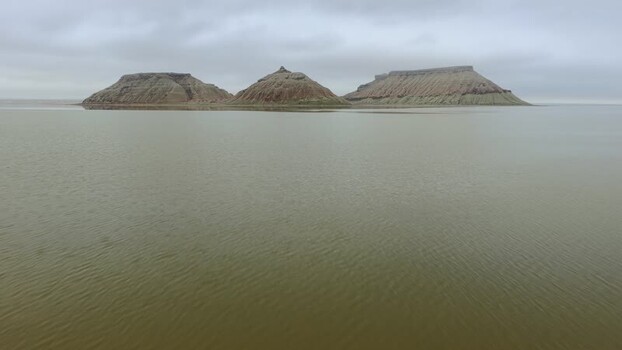 Aerial view of Karynzharyk rock formations in the water Kazakhstan. Aerial view of Karynzharyk rock formations in the water Kazakhstan.