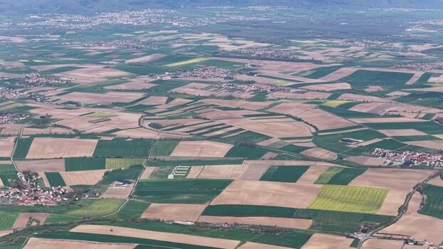 Aerial view of patchwork fields France.