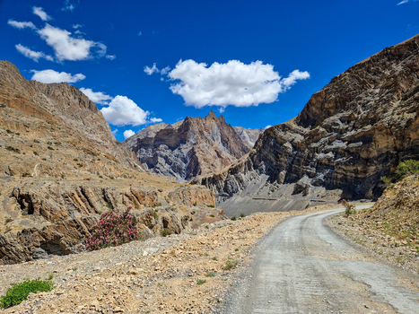 View of the rugged Penzi La road winding through the dramatic rocky mountains and arid landscape under a clear blue sky in Zanskar Ladakh India.