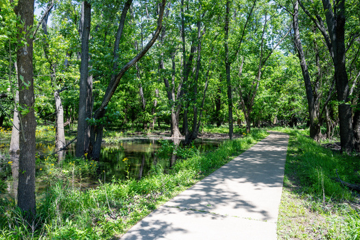 View of Greentree Park featuring a paved walking trail winding through a lush green forest with a small pond Kirkwood Missouri United States. View of Greentree Park featuring a paved walking trail winding through a lush green forest with a small pond Kirkwood Missouri United States.