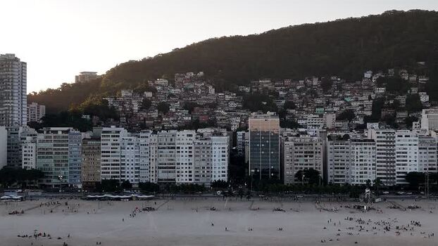 Aerial view of Copacabana Beach and high rise buildings Brazil.