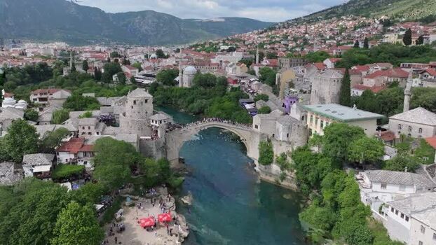 Aerial view of Stari Most in Mostar Bosnia and Herzegovina. Aerial view of Stari Most in Mostar Bosnia and Herzegovina.